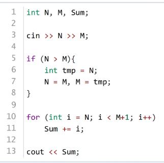 <p>下面C&#43;&#43;代码能求整数N和M之间所有整数之和&#xff0c;包含N和M。</p>