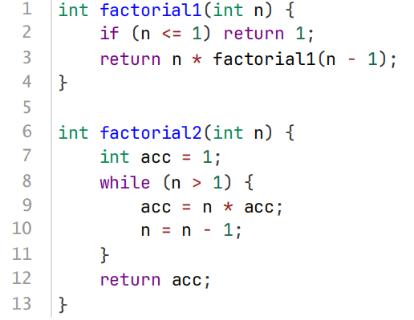 <p>下⾯给出了阶乘计算的两种⽅式。以下说法正确的是（ ）。</p>