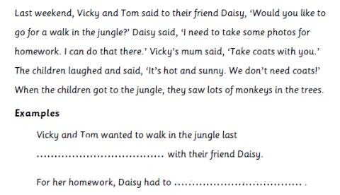 <p>Example 1: Vicky and Tom wanted to walk in the jungle last ……………………………… with their friend Daisy.</p>