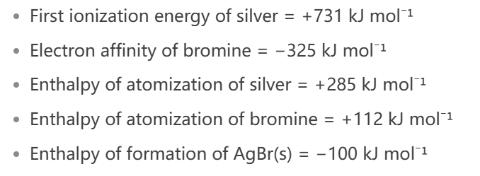 <p>Using the following thermodynamic data, calculate the lattice energy of AgBr(s):</p>