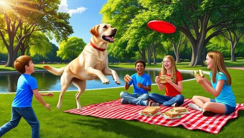 <p><strong>Complete the sentence to BEST describe the picture:</strong><i>&#39;The dog is _______, and the children are _______.</i></p>