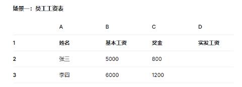 <p>计算“张三”实发工资的公式应为： =SUM(________)。</p>