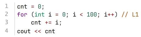 <p>将下面C++代码中的 L1 行的 i= 0修改为 i= 1，其输出与当前代码输出相同。</p>