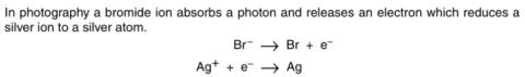 <p>In photographic emulsions, the process of electron release from halide ions (X⁻ → X &#43; e⁻). Compare the energy required for this process in AgCl versus AgBr:</p>