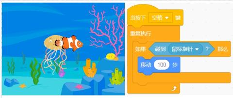 <p>水母和小丑鱼的位置如左图所示&#xff0c;两个角色中都有右图程序&#xff0c;把鼠标移到角色重叠处按下空格键后&#xff0c;只有小丑鱼会向右移动100步。<span data-tex=""> </span></p>